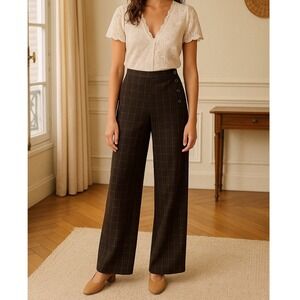 ROURI Women's Brown Plaid Wide Leg Sailor Button Pants Trousers Size 6